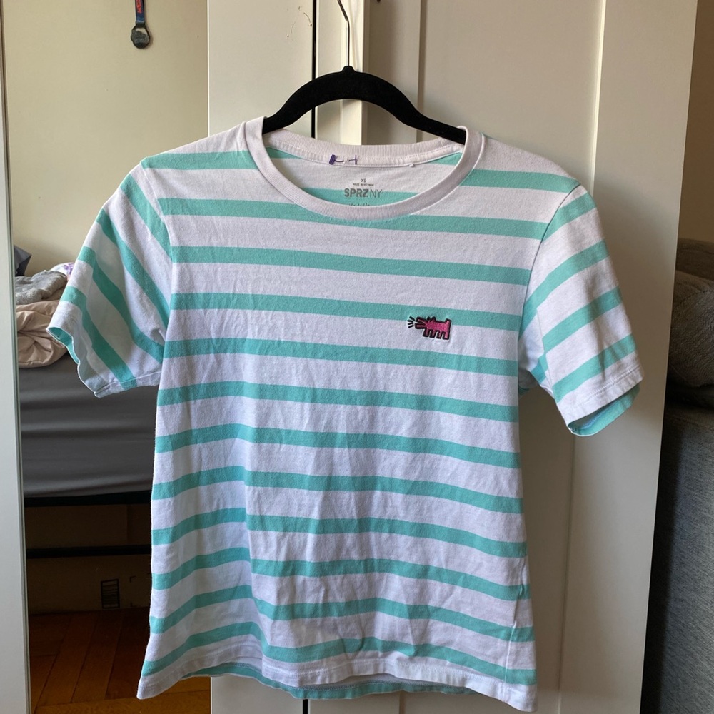 UNIQLO - Keith Haring Barking Dog Crewneck Shirt Turquoise White Stripe - XS